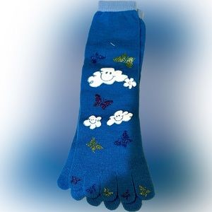 VTG PAIR TOE SOCKS BLUE TEAL CLOUDS BUTTERFLIES FASHION TEEN SZ:9-11 SHOE SZ6-10